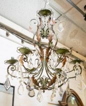 CHANDELIER, 76cm H x 64cm, 19th century patinated iron with six candle sconces and glass pendants.