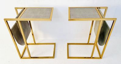 SIDE TABLES, pair, each 61cm H x 30cm W x 49cm D, gilt metal, faux shagreen tops, reading racks to