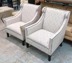 EICHHOLTZ ARMCHAIRS, a pair, patterned upholstered, studded detail, 73cm W. (2)