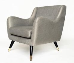 HOOPER ARMCHAIR, 1960's style with silver grey upholstery and outswept brass capped supports, 83cm