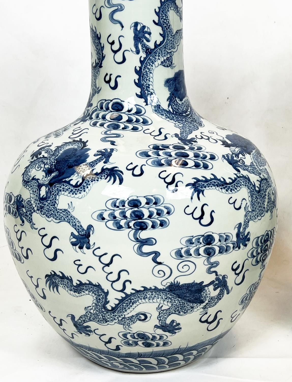 CHINESE BLUE AND WHITE VASES, a pair, painted with dragons chasing the flaming pearl of wisdom, 63cm - Image 4 of 5