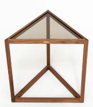 LINLEY SIDE TABLE, triangular walnut and tinted glass, stamped 'LINLEY LONDON', 50cm H x 50cm W c