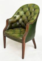 ARMCHAIR, George III design mahogany with deep buttoned and studded green hide leather.
