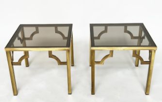 LAMP TABLES, a pair, 1970s square gilt metal and glazed with bracketed supports, 46cm x 46cm x