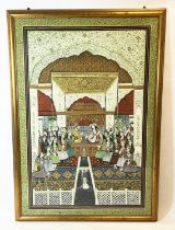 MUGHAL SCHOOL, a large gouache on silk depicting an interior scene with seated dignitaries and