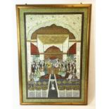 MUGHAL SCHOOL, a large gouache on silk depicting an interior scene with seated dignitaries and