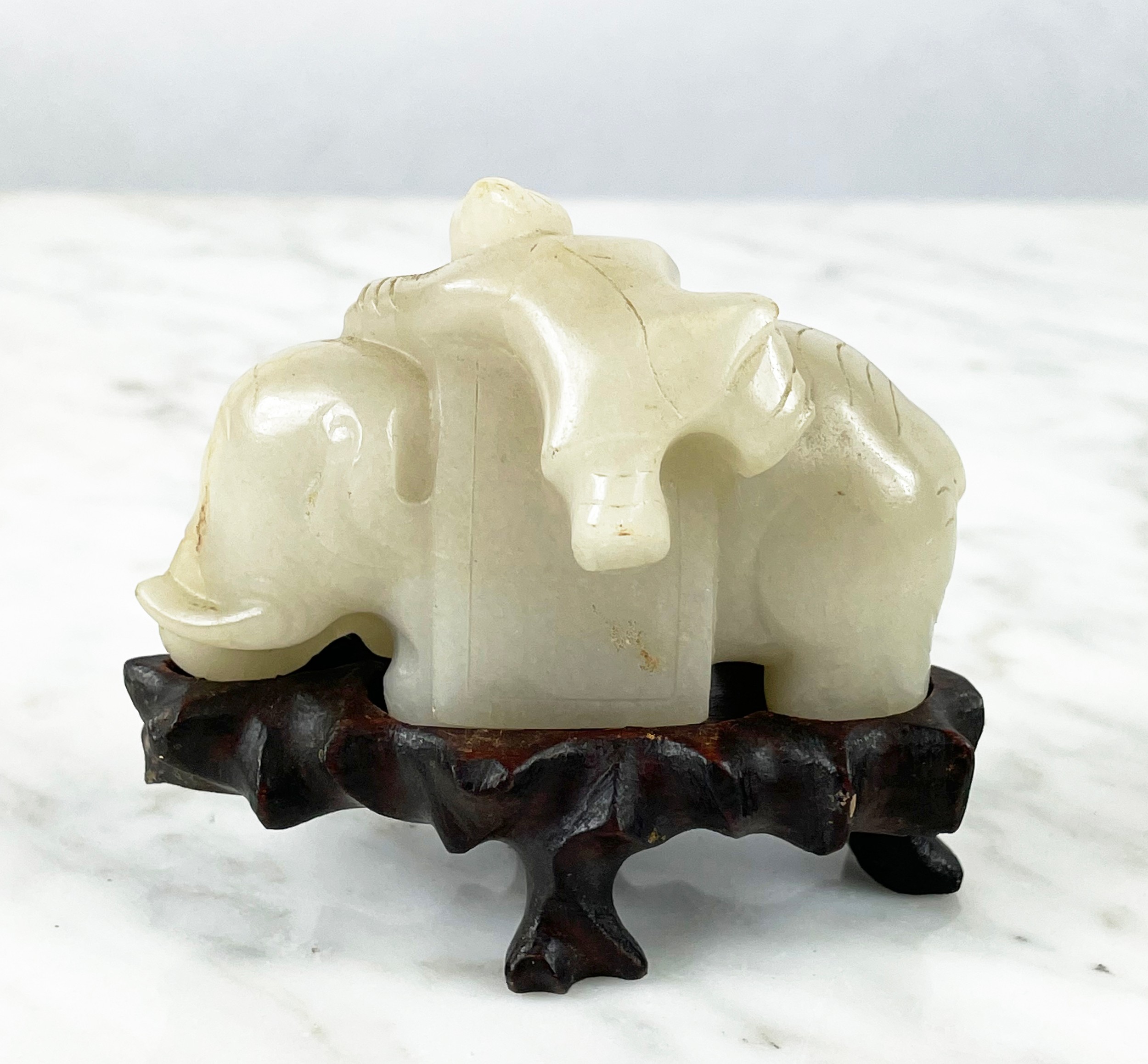 CHINESE PALE CELEDON JADE CARVED ELEPHANT AND BOY, 9cm L x 8cm H. - Image 5 of 6
