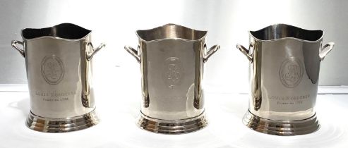 CHAMPAGNE BUCKETS, set of three, 23cm H, polished metal, inscribed "Louis Roederer Champagne". (3)