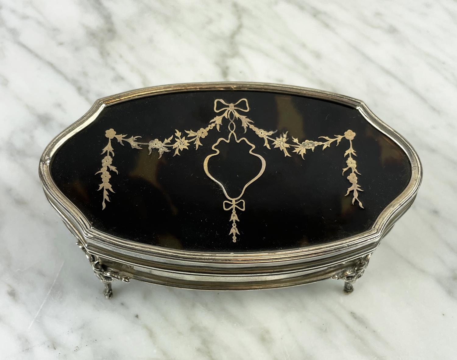 EDWARDIAN DRESSING TABLE BOXES, five various, four silver, tortoiseshell and silver pique work all - Image 8 of 10