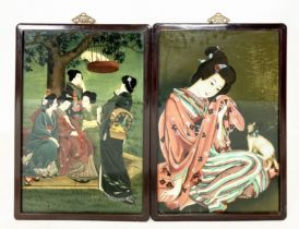 JAPANESE SCHOOL, 20th century, 'Female Figure and Cat, Female Figures', verre eglomise, 65cm x 43cm,