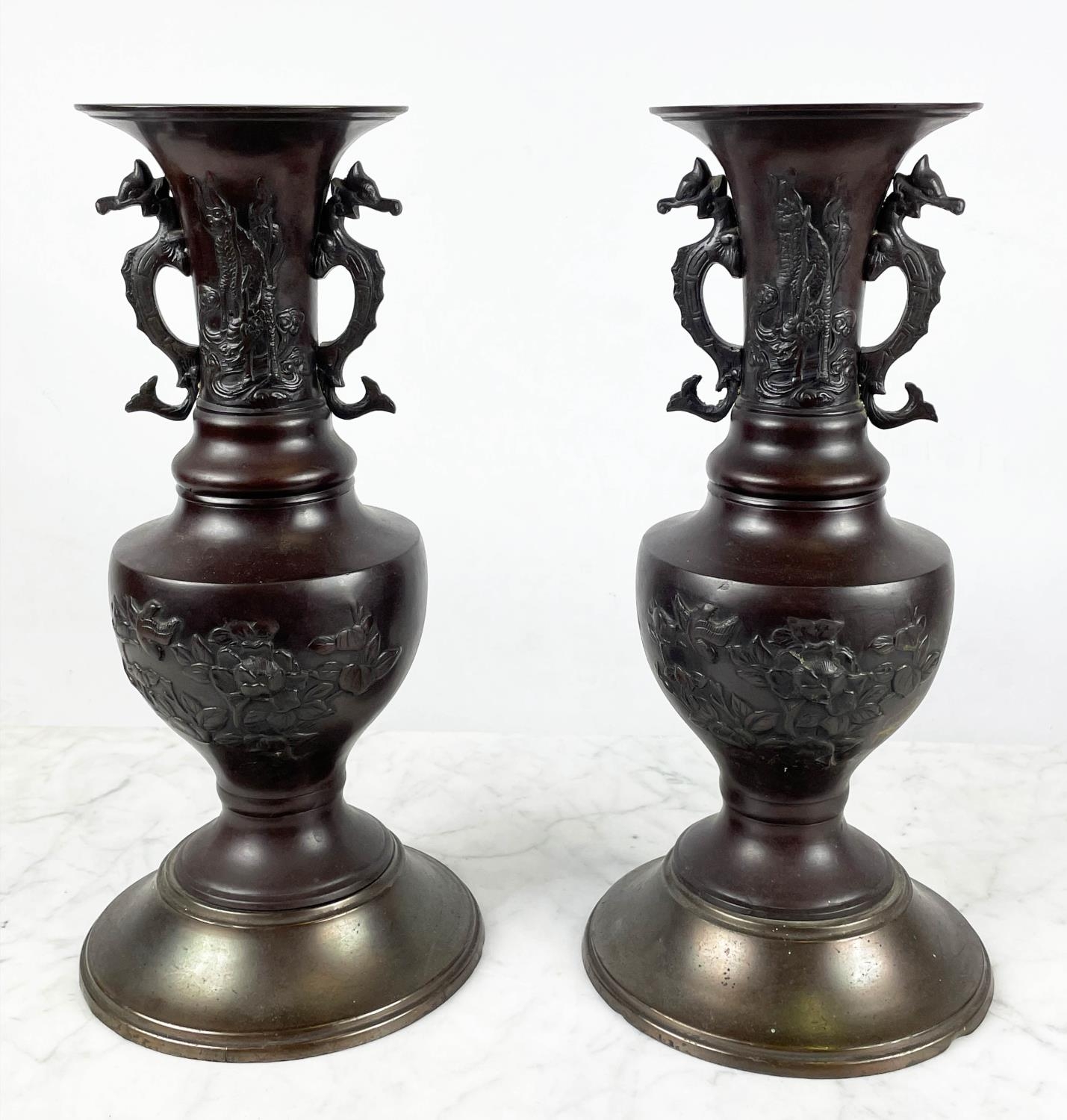 JAPANESE BRONZE MEIJI STYLE VASES, and Jardiniere with bird, dragon and foliate decoration, 38cm - Image 3 of 4