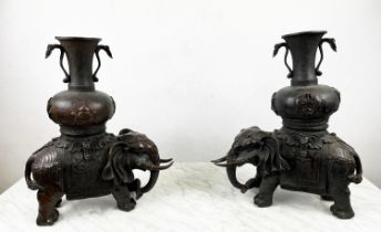 CAPARISONED CHINESE BRONZE ALTAR VASE ELEPHANTS, a pair, Qing style, 42cm H x 34cm W. (2)