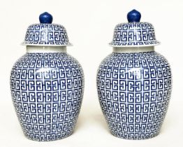 TEMPLE JARS, a pair, Chinese blue and white ceramic of ginger jar form with lids, 54cm H. (2)