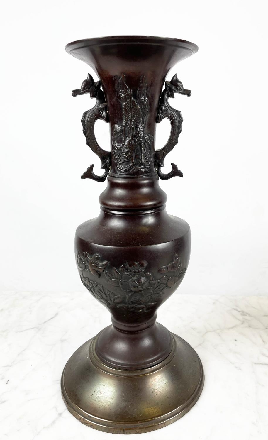 JAPANESE BRONZE MEIJI STYLE VASES, and Jardiniere with bird, dragon and foliate decoration, 38cm - Image 2 of 4