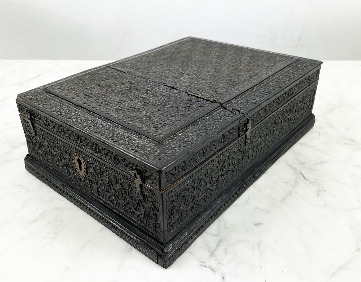 JEWELLERY BOX, 19th century Anglo-Indian ornately carved ebony with hinged lid and fitted - Image 2 of 8