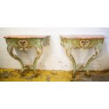 SERPENTINE CONSOLE TABLES, a pair, 77cm H x 79cm x 40cm, 19th century French painted and parcel gilt
