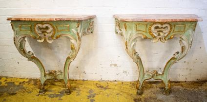 SERPENTINE CONSOLE TABLES, a pair, 77cm H x 79cm x 40cm, 19th century French painted and parcel gilt