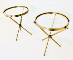 SIDE TABLES, 55cm high, 43cm diameter, pair, 1950's Italian style, glass inset tops, gilt metal