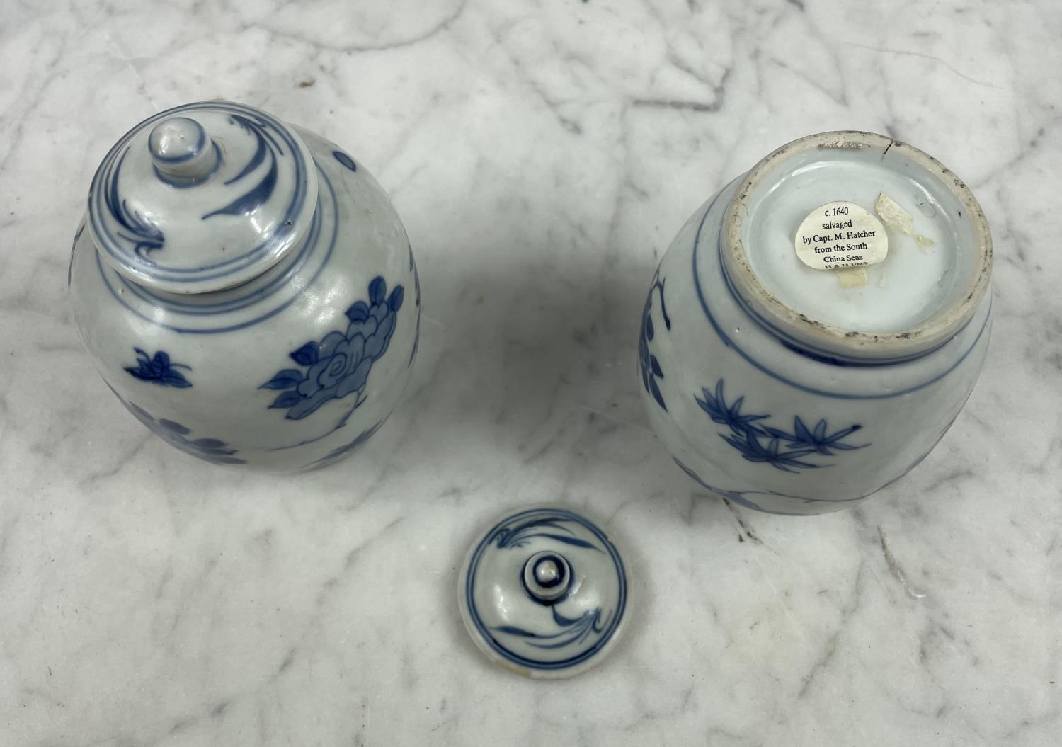 HATCHER CARGO SMALL LIDDED VASES, a pair, in blue and white foliate decoration, 13cm H. (2) - Image 4 of 7