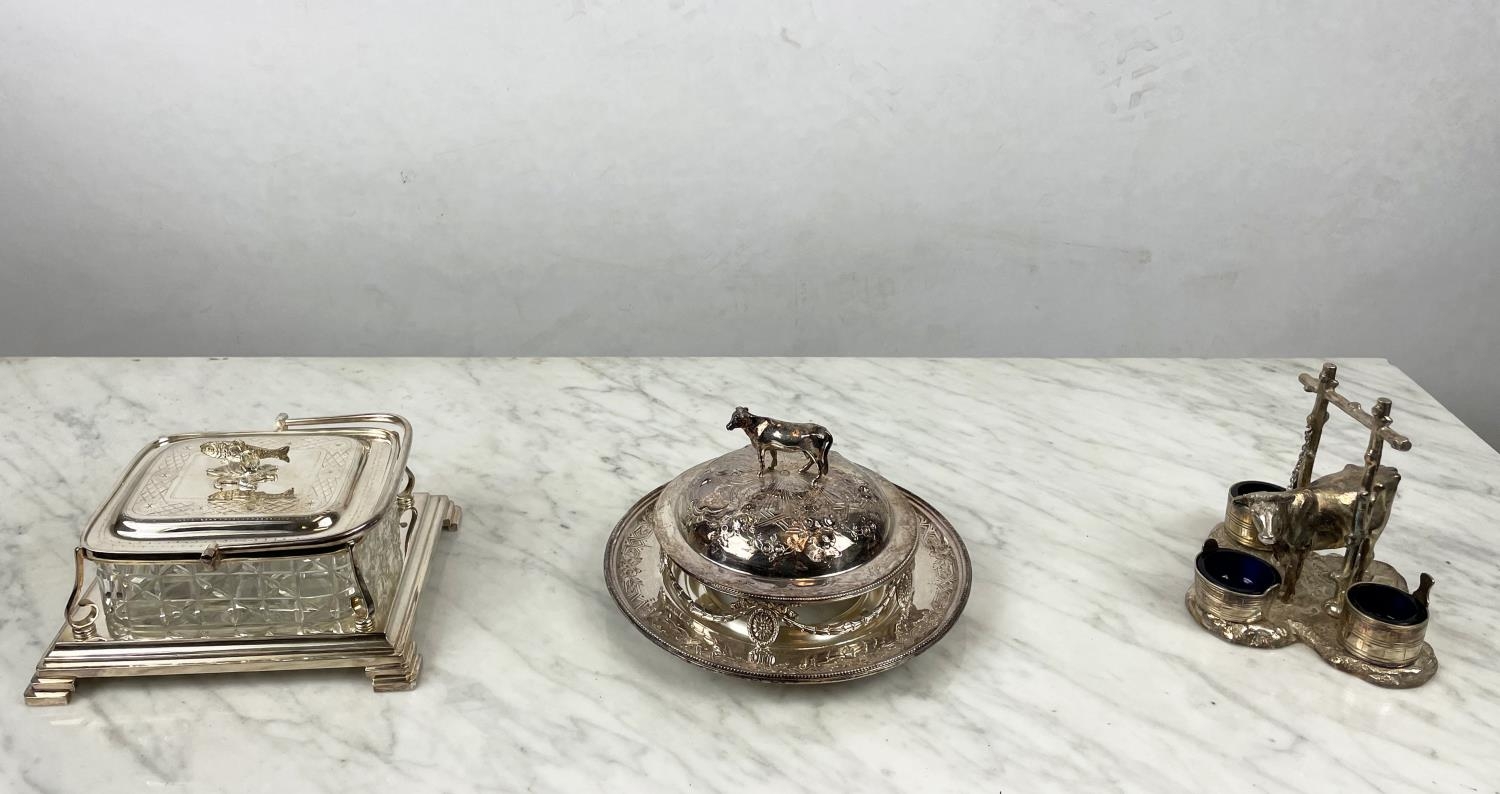 CRUET STAND, Victorian silver plated, having a tethered dairy cow with three pails with glass liners - Image 2 of 10