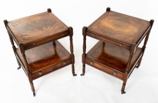 LAMP TABLES, a pair, George III style flame mahogany, each with brushing slide, undertier and