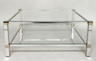 PIERRE VANDEL LOW TABLE, 1970's square glazed with brass and chrome frame and two tiers, 93cm x 93cm