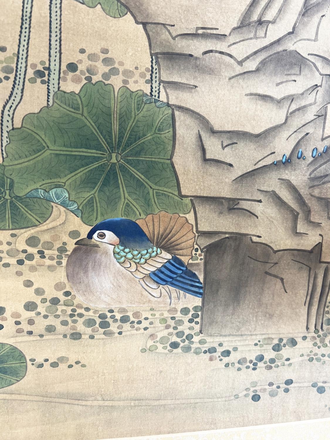 CHINESE SCROLL, watercolour on silk depicting a pair of ducks beneath lotus blooms and butterflied - Image 10 of 11