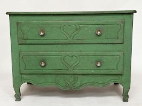 COMMODE, 19th century Provincial French Louis XV manner green painted with two long drawers and