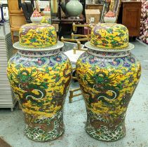 TEMPLE JARS, a pair, with covers, glazed ceramic, 110cm H approx. (2)