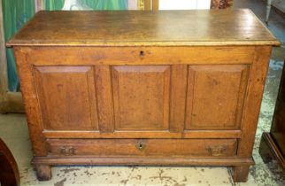 MULE CHEST, 76cm H x 112cm W x 47cm D, Georgian oak with hinged top and drawer below.