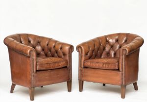 TUB ARMCHAIRS, a pair, deep buttoned mid brown studded hide leather with curved back and scroll