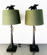 TABLE LAMPS, a pair, 84cm H x 36cm diam., with shades, palm tree form bases with climbing monkey