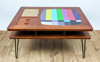 LOW TABLE, 100cm x 70cm, vintage television inspired design, hair pin supports.