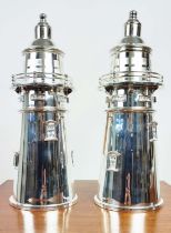 COCKTAIL SHAKERS, a pair, in the form of light houses, polished metal, 35cm H x each. (2)
