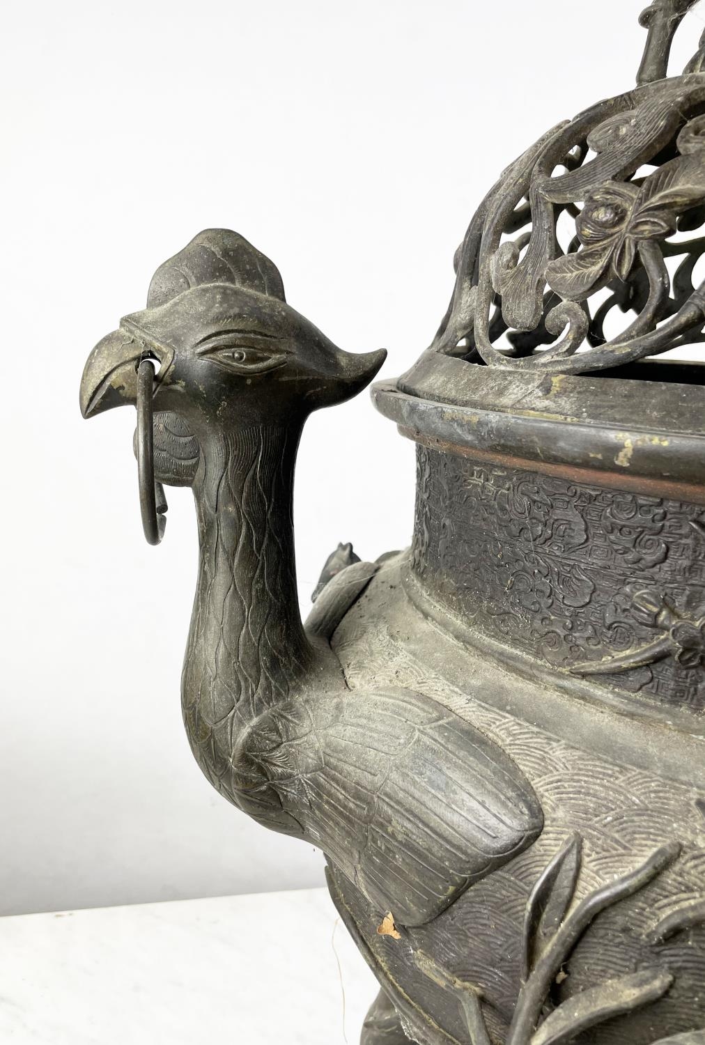 LARGE BRONZE JAPANESE KORO INCENSE BURNER AND COVER, Meiji period, pierced cover on tripod legs, - Image 11 of 11