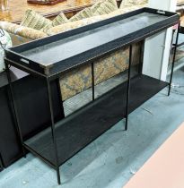 CONSOLE TABLE, ebonised top and under tier, gilt metal supports, 162cm x 42cm x 92cm.