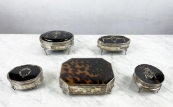 EDWARDIAN DRESSING TABLE BOXES, five various, four silver, tortoiseshell and silver pique work all