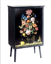 SIDE CABINET, 125cm high, 80cm, wide, 40cm deep, black lacquered with floral still life decoration
