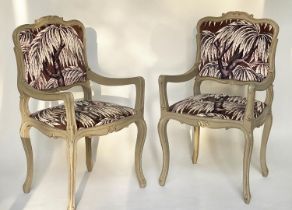 FAUTEUILS, a pair, French grey painted with House of Hackney upholstery, 55cm W. (2)