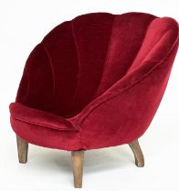 ART DECO 'SHELL' ARMCHAIR, claret red velvet of small proportions with shell design back and