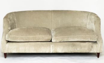 MANDARIN SOFA, oyster chenille upholstered crescent shaped with feather filled pads and tapering