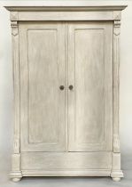 ARMOIRE, 19th century French grey painted with two panelled doors enclosing full height hanging