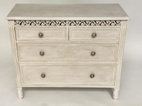 COMMODE, French style grey painted with two short and two long drawers and pierced frieze, 90cm x