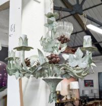 CHANDELIER, toleware style floral and foliate design, five branch, 70cm drop.