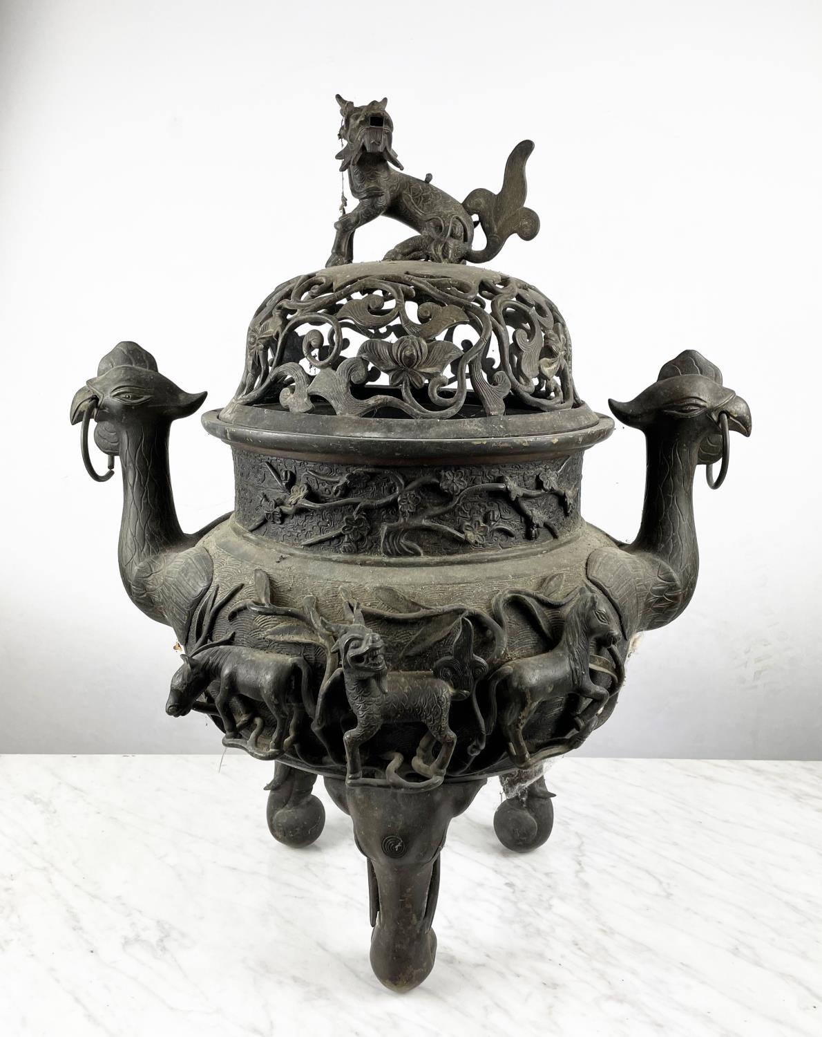 LARGE BRONZE JAPANESE KORO INCENSE BURNER AND COVER, Meiji period, pierced cover on tripod legs,