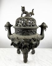 LARGE BRONZE JAPANESE KORO INCENSE BURNER AND COVER, Meiji period, pierced cover on tripod legs,