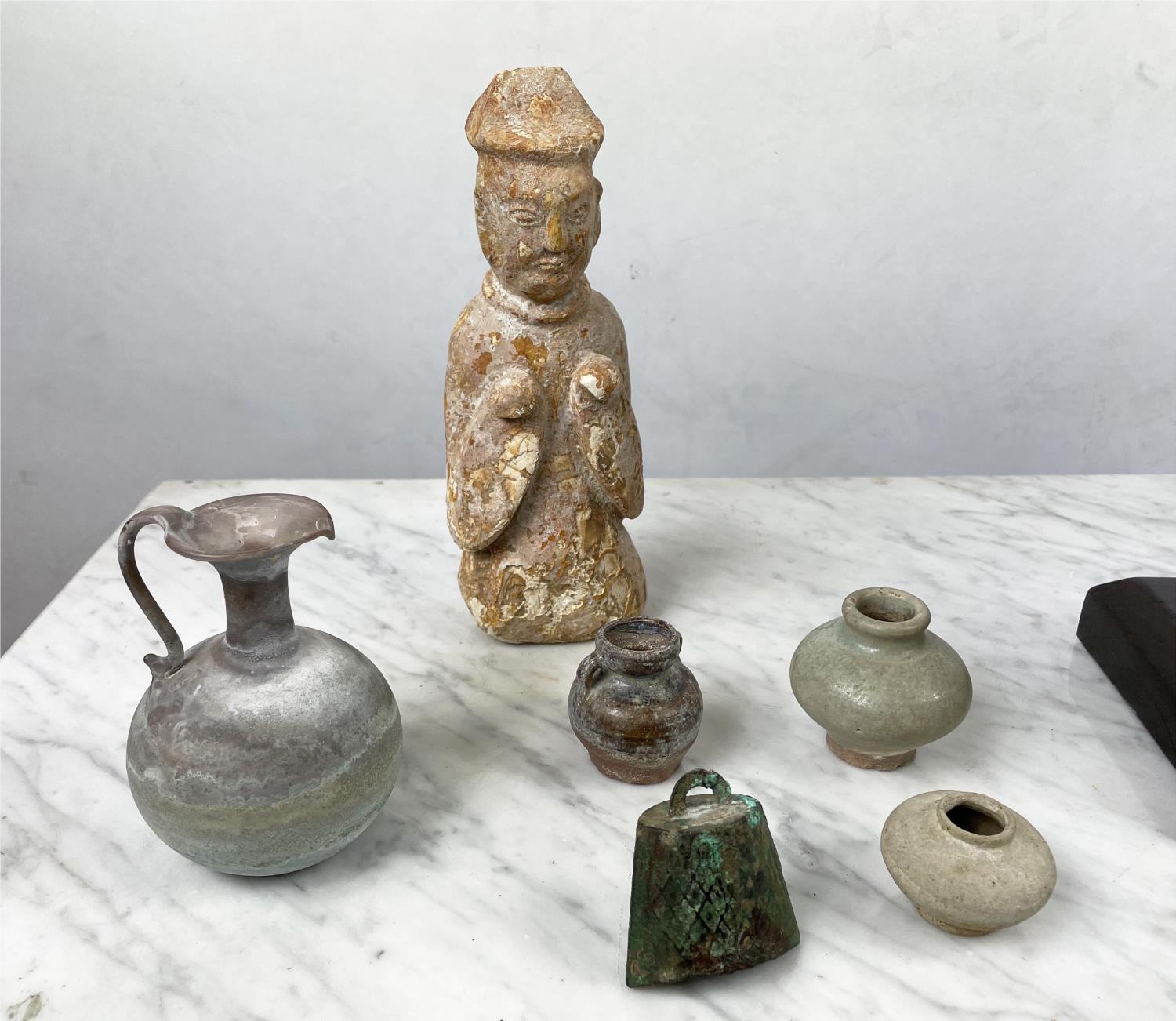 A CARVED STONE BUDDHA HEAD ON STAND, an Oriental wood figure and a glazed pottery figure along - Image 7 of 7