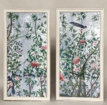 CHINOISERIE PRINTS, a pair, framed and glazed, of shrubs, birds of paradise and blossom, 162cm H x