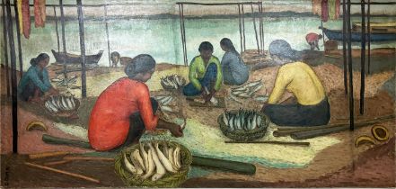 INDIAN SCHOOL, in Mannu of Badwelgar Prabha, 'Women on a Beach with Fish', oil on canvas, 76cm x