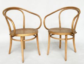 BENTWOOD ARMCHAIRS, a pair, vintage bentwood and cane woven panelled seats by Dinette, 56cm W. (2)